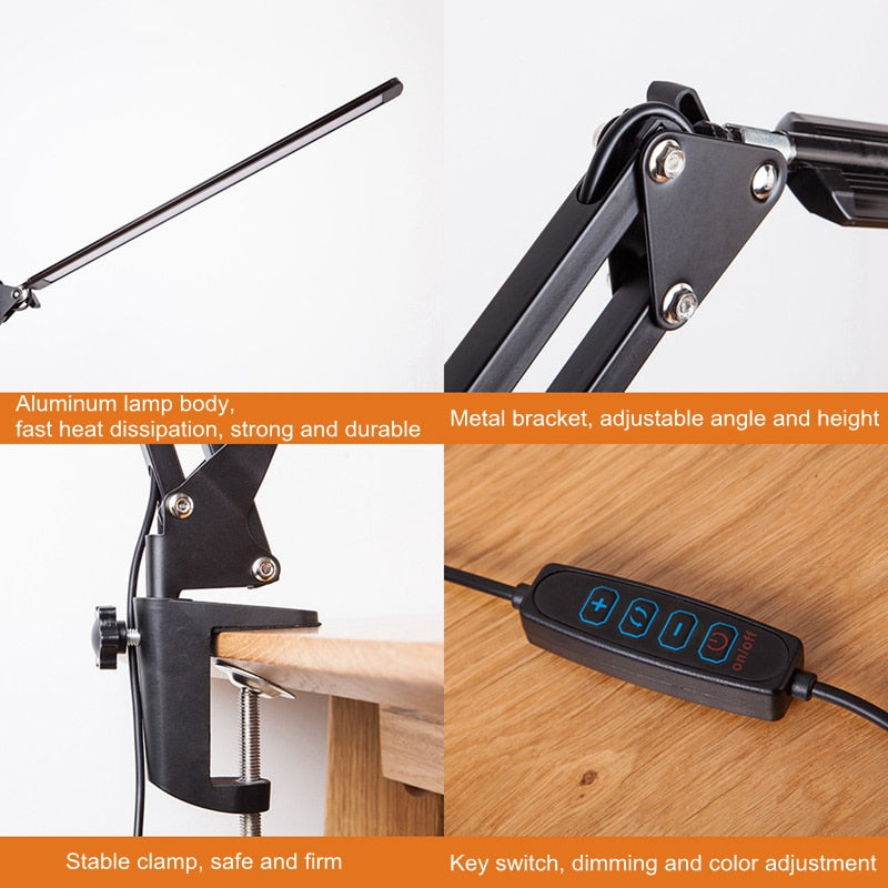 Long arm folding rotating clip desk lamp | USB touch dimming model